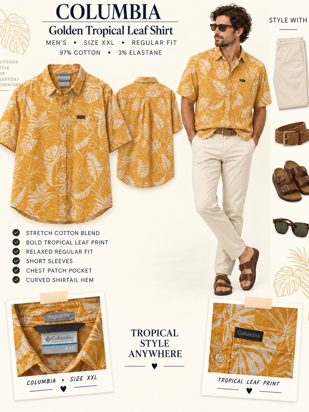 Columbia Golden Yellow Tropical Leaf Short-Sleeve Button-Down Shirt